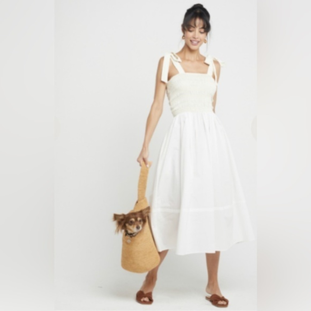 Kourt Drew Smocked Midi Dress in White Yellow Large